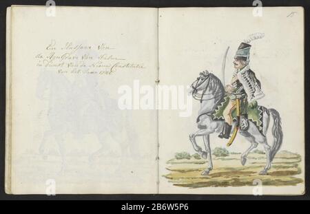 Huzaar van de Rijngraaf van Salm im Jahre 1786 Een Hussaar van de RijnGrave van Salm im Dienst van de Nieuw Constitutie van het Jaar im Jahre 810 (titel op object) die Uniform der Husaren des Rheingrafen von Salm im Jahre 810. Teil des zweiten Kapitels über die neuen Uniformen für den Zeitraum 1783-1787. In der Skizze mit Farbzeichnungen der Uniformen, die von Militärangehörigen und Angehörigen der Schutterij aus der Zeit von 1770 bis 1795-1796 getragen wurden. Hersteller: Zeichner: S.G. Vorbereitung des Gusseinsatzes: Amsterdam Datum: 1795Physikalische Merkmale: Stift in braunem Farbmaterial: Papiertechnik: Schreibmaße Stockfoto