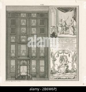 Beleuchtungshaus von Herrn Scholten von Aschat in Amsterdam zu Ehren des Antrittes William V. als Gouverneur im Jahr 1766. Oberster rechter Gouverneur William V. steht zwischen Religion und Freiheit. Der holländische Löwe, der auf dem Boden liegt. Rechts unten ist die Personifikation der Gerechtigkeit und Wo: Auf dem Thron unter der Sonne der Gerechtigkeit und dem allsehenden Auge Gottes. Der Thron ist mit dem Löwen mit niederländischer Freiheitslanze verziert. Oben nummeriert VIII Hersteller: Druckmaschine, Noah van der Meer (II) Aufsicht: Noah van der Meer (II) (denkmalgeschütztes Gebäude) Herausgeber: Cornelis van Hoogeveen Junior Herstellung: Aufsicht Stockfoto