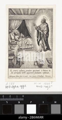 Ignatius van Loyola heeft een visioen van Petrus Leven van Ignatius van Loyola (serietitel) Vita BP Ignatii de Loyola Fvndatoris societatis Iesv (serietitel) Ignatius van Loyola ligt gewond in zijn bed na het beleg van Pamplona. Voor hem een visioen van de heilige Petrus. OP de voorgrond een kleine leeuw en een kat. In de marge een tweeregelig onderschrift in het Latijn. Hersteller : Hersteller: Hieronymus wie: Rix (vermeld op object)naar igen ontwerp van: Hieronymus Wierixuitgever: Hieronymus Wierix (vermeld op object)verlener van privilege: Piermans (vermeld op object)Plaats Herstellung: Stockfoto