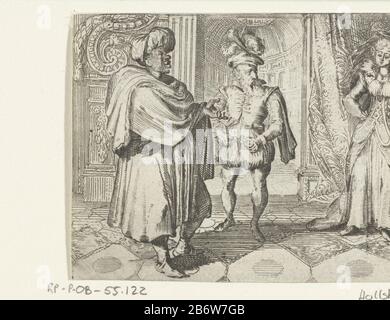 Illustratie voor Le petit chien uit Contes et nouvelles van Fontaine Illustration Le petit chien von Contes et nouvelles Fontaine. Ein schwarzer Mann mit einem Turban, der mit einer Dame spricht. Zwischen ihnen ein älterer Mann, der seine Hose offen hält oder schließt. Auf der Rückseite Text boekdrauk. Hersteller: Druckmaschine: Romeyn de Hooghe Nach eigenem Entwurf: Romeyn de Hooghe (zugeordnet zu) Herstellung: Niederlande Datum: 1685 Physikalische Merkmale: Radierung und Engra-Material: Papiertechnik: Radierung / Engra (Druckverfahren) Abmessungen: Blatt: H 68 mm × W 84 mmToelichtingIllustratie für: Jean de La Fontaine, Contes et no Stockfoto