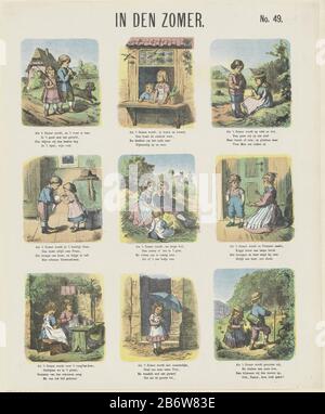 In den Zomer (titel op object) Meijers Pränen (serietitel) Blatt 9 Sommerkinderszenen Wo: Pflücken eines Jungen und Mädchens mit Hund, eine Schwalbe, Kinder, die Blumen tragen, Kinder genießen den Kuchen und Kinder, die einen Hügel klettern. Unter jedem Bild eine vierzeilige Verse. Oben rechts nummeriert: Nr. 49. Hersteller : Herausgeber: De Ruyter & Meijer Druckautor: Monogrammist MC (Druckerhersteller) (denkmalgeschütztes Gebäude) Herstellung: Amsterdam Datum: 1878 Physikalische Eigenschaften: Farblithograph in Gelb, Grün, Orange, Blau und Rot; Textdruckmaterial: Papiertechnik: Farblithograph (Prozess) / PRI Stockfoto