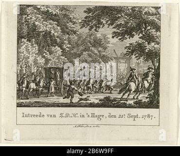 Inhalation van de prins van Oranje, 1787 Intrede van ZDH in's Hage, den 21e Sept. 1787 (titel op object) Inhalation des Prinzen von Orange durch die Bourgeoisie in den Haag, 20. september, Die offene Kutsche mit Gouverneur William V. von Männern und Frauen auf dem Weg zu einer Zugbrücke getrokken. Hersteller : Druckmaschine: Anonymer Herausgeber: Arend Fokke Simonsz. (Auf dem Objekt abgebildet) Herstellung: Druckmaschine: Nordniederländisches Verlagswerk: Amsterdam Datum: 1787 Physikalische Eigenschaften: Ätzmaterial: Papiertechnik: Ätzmaße: Plattenkante: H 96 mm (oben abgeschnitten) × b 115 mmTölling Stockfoto