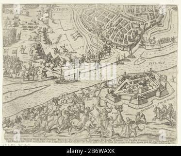 Inname van de schans bij Zutphen, 1591 Bei Der Ausfahrt in Zutphen, 24. Mai 1591. Erobern Sie die Rampe durch eine Liste, In Der die Soldaten der Staaten als Bauern verkleidet waren. Im Vordergrund Kämpfe mit spanischen Truppen, über die IJssel Maurice mit seiner Armee zu Pferd und verließ die Stadt Zutphen. In der Stadt Daun wird Johan Philip, Herzog von Valck Steyn erschossen. Details in der Show mit der Nummer 1-19, aber der Schlüssel fehlt. Mit Unterschrift von zwei Zeilen auf Deutsch. Auf der Rückseite des Bildes von Kindern in Potlood. Hersteller: Druckmaschine: Anonymer Hersteller: Deutschland Datum: 1591 - 1593 Physische Merkmale Stockfoto