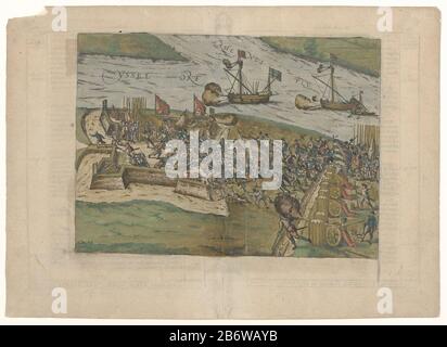 Invame van de schans IJsseloord bij Arnhem, 1585 Serie 9 Nederlandse en Duitse Gebeurtenissen, 1583-1587 (serietitel) Eroberung der Rampe IJsseloord in Arnhem, 10. november 1585, durch britische und deutsche Soldaten der Streitkräfte. Im Hintergrund die Kreuzung von Rhein und IJssel. Gedruckt mit einem Cache auf der onderschrift. Hersteller : Druckmaschine: Französischer Hochlagerraum Herstellung: Köln Datum: 1588 Physikalische Eigenschaften: Radierung, mit handfarbenem Material: Papiertechnik: Radierung / Handfarbenabmessungen: H 266 mm × W 371 mm Betreff: Fangen oder Stadt ( nach dem sieg Stockfoto