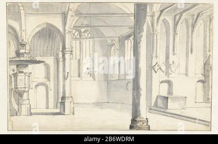 Interieur van de Sint-Odulphuskerk te Assendelft Das nördliche Querhaus und die angrenzenden Teile des Chores und des Kirchenschiffs von St. Odulphus in Assendelft. Hersteller Schöpfer: Künstler Pieter Jansz. Saenredam Ort Herstellung: Assendelft Datum: Aug 19 1633 Physische Merkmale: Stift und braune Tinte, Bürste und graue Tinte und etwas rote Kreide über Spuren schwarzer Kreide; Rahmenlinien in braunem Tintenmaterial: Papiertinte Kreidetechnik: Stift-/Bürstenabmessungen: H 182 mm × W 294 mmToelichtingVoorstudie für Schilderij. Betrifft: Innere Kirchenumkehrungen oder Städte und Dörfer (mit NAMEN) oder historische Gebäude Stockfoto