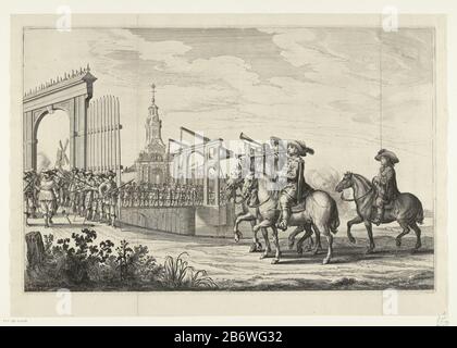 Der Eintritt der französischen Königin Maria de Medici in Amsterdam, 31. August 1638. Die erste Schallplatte in einem zerlegten Ensemble, bestehend aus Titelseite, Porträt und sieben Blättern der Prozession. Die Ankunft der Prozession am Haarlemmerpoort, die drei Trompeter führt. Hersteller : Druckerhersteller Pieter Nolpe (denkmalgeschütztes Eigentum) zum Zeichnen: Jan Martszen Young (denkmalgeschütztes Eigentum) Ort Herstellung: Nordniederland Datum: 1638 - 1639 Physikalische Merkmale: Ätzungs- und Engra-Material: Papiertechnik: Ätzung / Engra-Abmessungen: Plattenkante: H 322 mm × W 497 mm Betreff: Triumphal e Stockfoto