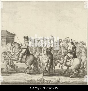 Intocht van Maria Henriette Stuart, prinses van Oranje te Amsterdam (Plaat 2) Besuch von Mary Henriette Stuart, Prinzessin von Orange, begleitet von Amalia van Solms, dem jungen Prinz William und anderen, Amsterdam, 15. Juni 1660. Ankunft der Prozession mit Reitern am Haarlemmerpoort. Der mit dem Buchstaben A gekennzeichnete vordere Fahrer, Kapitän Jan van Waveren. Zweite Platte in einem unmontierten Ensemble der Prozession bestehend aus sieben bladen. Hersteller : Druckhersteller: Pieter Nolpeppemacher: Anonym zu zeichnen von: Jan Martszen der Junge Ort Herstellung: Nordholländer Datum: 1660 - Stockfoto