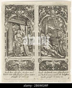 Zwei Drucke auf einem Zierrahmen. Isaac liess sich auf dem Bett liegen und segne seinen Sohn Jacob, der neben dem Bett kniet. In der Türöffnung steht Rebekah (Gen. 27:27). Rechts steigen ein schlafender Jakob und vier Engel über eine Leiter vom Himmel herab (gen. 28:12). In der Überschrift Ränder auf Niederländisch. Dritter und vierter Druck (c und d) einer Serie von sechs Szenen aus dem Leben von Jakob. Hersteller: Entworfen von Hans Janssen (denkmalgeschütztes Gebäude) Druckmaschine: Anonymer Ort Herstellung: Amsterdam Datum: 1615 - 1651 Physische Merkmale: Fahrzeugmaterial: Papiertechnik: Engra (Druckverfahren) Messungen: Platte ed Stockfoto
