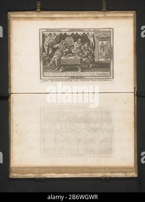 Der alte und blinde Isaac segnet Jakob, kniet am Bett. Mit Hilfe seiner Mutter Rebekah, die am Rande des Bettes sitzt, tarnte er sich als Esau, um den Segen zu erhalten. Sein Hals und seine Hände trägt Jacob die Haut einer Ziege, damit sein haariger Bruder auftaucht. Im Hintergrund kehrt Esau von der Jagd zurück. Unter der Aufführung, ein Hinweis auf die Bibel in Gen. 27. Teil einer Serie von vier Drucken der Geschichte von Jacob und E Stockfoto