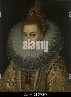 Isella Clara Eugenia, infante van Spanje (1566-1633) Echtgenote van aartshertog Albrecht van Oostenrijk, SK-A-510, Isella Clara Eugenia, Infanta von Spanien (1566-1633). Ehefrau von Erzherzöge Albert von Österreich. Pleite links. Anhänger des SK-A-509. Hersteller: Maler: Frans Pourbus (II) (Atelier) Künstler: Anonym (Namensnennung abgelehnt) Ort Herstellung: Südniederland Datum: Ca. 1600 Physikalische Eigenschaften: Öl auf Kupfermaterial: Kupferöl Abmessungen: H 28, 5 cm. B × 22,5 cm. H × 45,5 cm. (Einschließlich Rahmen) × W 39,2 cm. (Einschließlich Liste) × d 4 cm. (Einschließlich Rahmen) Onderwerpwie: Infan Stockfoto