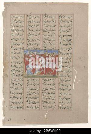 Iskander traf wijsgeer en paard Iskander mit Salbei- und Pferdegegenstandstyp: Indische Miniaturzeichnung Artikelnummer: RP-T-1993-337 Aufschriften / Marken: Beschriftung, Recto und Verso, Stift in Schwarz: Vier Textspalten in persischer Handschriftenbeschreibung: Vor dem Hintergrund der roten Erde mit blauem Himmel und Wolken bleibt Iskander unter einem Baum auf den Knien, bevor er sich mit weißem Besucher auf den Knien bekleidet, sein Pferd steht mit erhobenem rechten Vorweg neben ihm; Pferd hinter einem blühenden Busch. Die Aufführung ist für Halverhoogte in den mittleren zwei der vier Spalten, ein Text, verfügbar, der getrennt ist Stockfoto
