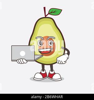 Eine Illustration des mit Laptop arbeitenden Maskottchens Avocado Fruit Cartoon Stockfoto