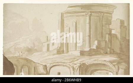 Italienische Landschaft mit Ruinen von Tempelanlagen Objektart: Zeichnung Objektnummer: RP-T 1937-81 Hersteller: Künstler: Pieter van Bloemen Datum: 1667 - 1720 Physische Merkmale: Bürste in Braun; schwarzer Krebse oder Bleistift-Material: Bleistiftkrebs-Technik: Pinselmaße: H 260 mm × W 457 mm Betreff: Ruine eines Gebäudes  Architektur (+ Römische Kunst) Stockfoto