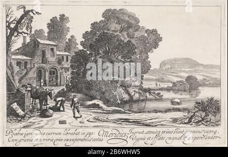 Italianiserend landschap middag Meridies (titel op object) De delen van de dag (serietitel) Blick auf eine italienische Landschaft mit einem See und Figuren zu Hause, die den Nachmittag darstellen. Links vorne zwei Figuren, Esel. Drucken Sie aus einer Serie von vier. Hersteller : Druckmaschine: Jan van de Velde (II) Herstellung: Nordniederland Datum: 1603 - 1641 Physikalische Eigenschaften: Ätzmaterial: Papiertechnik: Ätzmaße: Plattenkante: H 142 mm × W 216 mm Betreff: Nachmittag  Landschaft ( manchmal mit dem Titel 'Meridies') oder einsames Bauernhaus in Landschaft (+ Stadt (-scape) mit Figuren, staffa Stockfoto