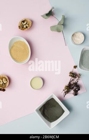 Verschiedene Zutaten für die häuslichen Hautpflege. Grau, schwarz, blau und gelb Ton, Eukalyptusblätter, Walnüsse auf Pastellgrund. Feuchtigkeitsspendende und reinigende Haut mit Balsam und Creme. Stockfoto
