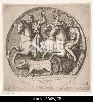 Medaillon mit Flachreliefaufe am Konstantinsbogen in Rom. Drei Männer zu Pferd jagen einem Wildschwein. Unten im Medaillon ein dreizeiligen Text in lateinischer Sprache. Rechts nummeriert: 2. Hersteller : Druckerhersteller Matteo Piccioni (denkmalgeschütztes Gebäude) Herausgeber: Giovanni Giacomo de'Rossi (denkmalgeschütztes Gebäude) zum Ansehen: Anonym (unter Denkmalschutz) Ort Herstellung: Druckmaschine: Italien Herausgeber: Rom zum Ansehen: Rom dating: 1637 - 1691 Physikalische Eigenschaften: Ätzmaterial: Papiertechnik: Ätzmaße: Plattenkante: H 222 mm × W 220 mmToelichtingDeze Print ist Teil einer Serie von 21 Bildern mit Flachreliefen Stockfoto
