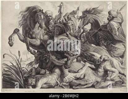 Jacht op nijlpaard en krokodil Jagdhippo und Krokodilobjekttyp: Bild Artikelnummer: RP-P-ob-67,825Catalogusreferentie: Hollstein Dutch 11-1 (4) Kennzeichnung / Marken: Sammlermarke, Verso, gestempelt: Lugt 240 Hersteller : Druckerhersteller Willem van der Leeuw (auf dem Objekt angegeben) zu einem Entwurf von Peter Rubens (Datum: Angezeigt): 1613 - ca. 1665 Physikalische Merkmale: Engras- und Ätzmaterial: Papiertechnik: Engraa (Druckverfahren) / Ätzmaße: Plattenkante: H 470 mm × W 652 mm Betreff:  jagen andere Tiere animalshooted: Hippopotamuscrocodiles: Krokodil Stockfoto