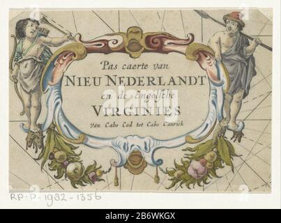 Jagers en cartouche Pas caerte van Nieu Nederlandt en de Engelsche Virginies () auf beiden Seiten einer Rockaillekartusche mit Titel ist ein Jäger mit Bogen und Pfeil und Speer. An der unteren Seite zwei Girlanden. Detail einer Karte der Ostküste Nordamerikas von Kap Hatteras bis Cape Cod. Hersteller: Druckmaschine: Anonymer Kartograf Pieter Goos Herausgeber: Pieter Goos Ort Herstellung: Amsterdam Datum: Auf oder nach 1666 Physische Merkmale: Engra, handfarbenes Material: Papiertechnik: Engra (Druckverfahren) / Handfarbenabmessungen: Blatt: H 100 mm (Innenschnitt der Plattenkante) b × 145 mm (Inne Stockfoto