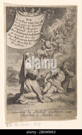 Jakobs Leiter Titelpagina voor Johannes Lindeborn en Adrianus Terlou, De Leeder van Iacob, 1670 greift Jakob einen Felsen zum Schlafen und träumt von einer Leiter, die in den Himmel reicht. Engel klettern auf die Leiter und hinunter. Die Linke ist eine kniende Frau. Oben links ein Engeltuch mit dem Titel des Buches VAST. Hersteller : Druckmaschine: Anonymer Herausgeber: Michael Cnobbaert (börsennotiertes Objekt) Ort Herstellung: Antwerpen Datum: 1670 Material: Papiertechnik: Ätzmaße: Plattenkante: H 146 mm × W 92 mmToelichtingTitelpagina für: Linde Born, John und Terlou, Adrianus. Der Leeder Iacob. Antwerpen: Cnobbaer Stockfoto
