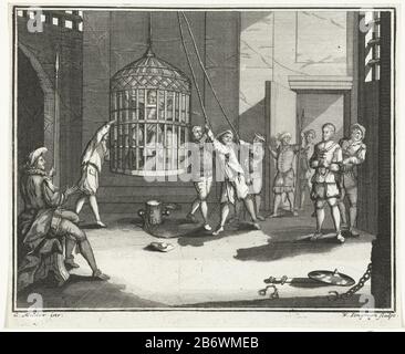 Jan Kruyze en Willem van Deutichem om beurten gestraft in de Wassenaarskooi te Hattem, 1520 Jan Kruyze, Steward of Salland und William of Deutichem, Sheriff von Deventer, sind seinerseits im Wassenaar-Käfig eingeschlossen, der Käfig Jan Wassenaar, Hattem, 1520. Szene findet im Gevangenis statt. Hersteller : Druckerhersteller Wouter Jongman (Listed Property) entworfen von: G. Milder (auf Objekt angegeben) Ort Herstellung: Nordholland Datum: 1719 - 1728 Physikalische Merkmale: Ätzmaterial: Papiertechnik: Ätzmaße: Papier: H 155 mm × W 187 mmToelichtingIllustratie für: Zucker a Stockfoto