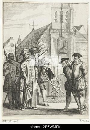 Jan Kruyze en Willem van Deutichem om beurten gestraft in de Wassenaarskooi te Hattem, 1520 Jan Kruyze, Steward of Salland und William of Deutichem, Deventer Sheriff, sei seinerseits im Wassenaar-Käfig, dem Käfig Jan Wassenaar, Hattem, 1520 strafbar. Szene findet im Freien statt, im Hintergrund das Auto auf der Außenseite des Turms gehisst Hersteller: Druckmaschine: Anonymer Standort Herstellung: Nordholländer Datum: 1.650 - 1699 Physikalische Eigenschaften: Ätzungs- und Engra-Material: Papiertechnik: Ätzung/Engra-Messungen (Druckverfahren): Papier: H 193 mm × Stockfoto