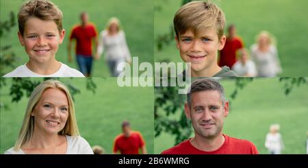 Eine Nahaufnahme der Montage einer glücklichen kaukasischen Familie, lächelnd und mit Blick auf die Kamera. Stockfoto