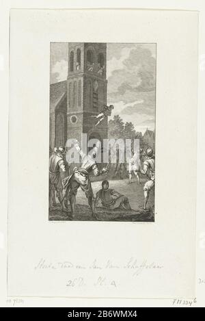 Jan van Schaffelaar Frühling van de toren, 1482 Jan van Schaffelaar springt Turm von Barneveld, 16. Juli 1482. Hersteller: Druckmaschine: Reinier Vinkeles (I) (denkmalgeschütztes Gebäude) in Zeichnung: Jacobus Kauft (unter Denkmalschutz stehende Immobilie) Herstellung: Niederlande Datum: 17998 Physikalische Merkmale: Ätzmaterial: Papiertechnik: Ätzmaße: Papier: H 238 mm × W 156 mmToelichtingIllustratie für: James Cook, Vaderlandsch Dictionary, Johannes Allart, Amsterdam aus den Jahren von 1785-99, 35 Teile, Vol. XXVI, pl. IV Geben Sie vor dem Buchstaben an. Betrifft: Selbstaufopferung, Tod im Dienste eines höheren Zweckdieners Jan von Schaf Stockfoto