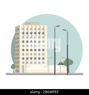 Flaches Design aus Retro und modernem Stadthaus. Gebäude, Wolkenkratzer, buntes Gebäude, Haus. Stock Vektor
