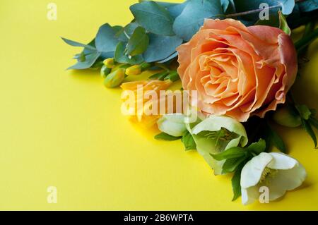 Bouquet aus Orangenrose, Freesien, Eukalyptus und Anemon auf gelbem Hintergrund Stockfoto