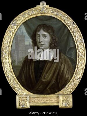 Joannes Vollenhove (1631-1708) Predikant en dichter te den Haag, SK-A-4605 Porträt von Joannes Vollenhove (1631-1708). Prediger und Dichter in Den Haag. Büste im Oval nach links. In den Gebäuden im Hintergrund. Teil einer Sammlung von Porträts niederländischer Dichterinnen. Hersteller : Maler: Arnoud van Halen Druckautor: Abraham de Blois (Kopie an) Datum: 1700 - 1732 Physikalische Eigenschaften: Öl auf Zinnmaterial: Zinn-Öl-Technik: Grisaille-Abmessungen: Mittel: 11 cm. B × 9,5 cm. Platte: H 41 cm. B × 47,4 cm. D × 1,6 cm. Betrifft: Porträt eines Schriftstellers, Dichters, Autors: Joannes Vollenh Stockfoto