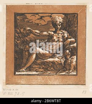 Johannes de Doper in de wildernis Johannes der Täufer mit Lamm und Korbkruis. Hersteller : Druckerhersteller Antonio da Trento (denkmalgeschütztes Objekt) zum Entwurf: Parmigianinoplaats Herstellung: Italien Datum: CA. 1520 - ca. 1.550 Physische Merkmale: Schwarzer und brauner Chiaroscuro-Holzschnitt; gedruckt aus einer Holzblocklinie und einem Holztonblock Material: Papiertechnik: Chiaroscuro-Holzschnitt-Größe: Blatt: H 139 mm × W 138 mm Betreff: Johannes der Täufer; mögliche Attribute: Buch, Kreuz fuhr, Tauf, Wabe, Lamm, Stab Stockfoto
