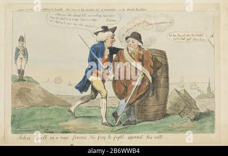 John Bull boos op de terughoudendheid van de Hollander om te vechten, 1710 John Bull in einer Wut, die NIC Frog zwingt, gegen seinen Willen (Titel op object) Cartoon Zu kämpfen, Wo: In John Bull (England) wütend ist, weil der Holländer die Waffen ist, die gegen Frankreich, im Jahre 1710, zu greifen. Der Niederländer lehnte sich entspannt an ein großes Fass an und raucht eine Pfeife. Der rechte Chef von William Pitt, der darauf hinweist, dass das Wetter der französischen Schelde aufgehen wird. Hersteller: Druckmaschine: Isaac Cruikshankuitgever: Samuel W. Fores (Listed Property) Ort Herstellung: London Datum: Feb. 9 Stockfoto