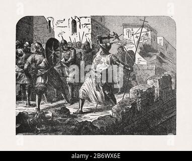 Alte Illustration von "Casimir", gedruckt im späten 19. Jahrhundert, die einen um sein Leben kämpfenden Tempelritter in Jerusalem darstellt. Stockfoto