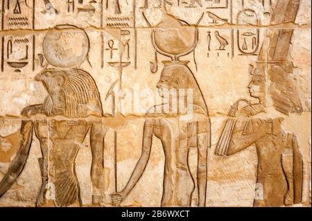 Porträt in der Hieroglyphe des altägyptischen falkengottes Horus in Edfu, Ägypten Stockfoto