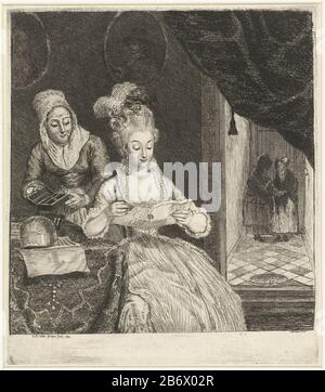 Jonge vrouw leest een Brief eine junge Frau sitzt an einem Tisch und liest einen Brief. Neben ihr, die eine Magd hält, ist ein Schmuckkästchen geöffnet. Auf dem Tisch steht eine Mandoline und ein Buch mit Notenblatt. An der Wand hängen zwei Porträts in ovalen Rahmen. Rechts, hinter einem Vorhang, erleidet ein Flur zur Haustür. Zwei Frauen stehen im Flur, um zu praten. Hersteller : Druckhersteller: Louis Bernard Coclers (unter Denkmalschutz stehende Eigenschaft) zum Malen: Louis Bernard Coclers (unter Denkmalschutz stehende Eigenschaft) Ort Herstellung: Leiden Datum: Ca. 880 Physische Merkmale: Radierung und Trockenpunkt Material: Papiertechnik: Radierung / Trockenpunkt Messungen: Platte e Stockfoto