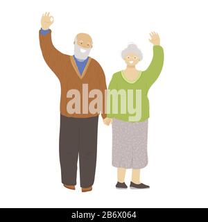 Vector Flat Illustration des fröhlichen Senioren-Paares, Hände halten, Hände winken, OK-Zeichen zeigen. Freudiger Älterer Mann und Frau, glückliche Kühnheit Stock Vektor