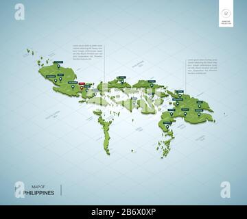 Stilisierte Karte der Philippinen. Isometrische 3D-Karte mit Städten, Grenzen, Hauptstadt Manila, Regionen. Vektorgrafiken. Bearbeitbare Ebenen deutlich labele Stock Vektor