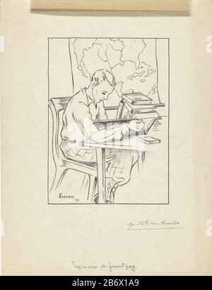 Jongeman leest een boek aan een tafel ein junger Mann sitzt an einem Tisch und liest ein Buch. Neben ihm liegt ein Stapel Bücher auf dem Tisch. Im Hintergrund hängt eine Weltkarte auf dem Maur. Hersteller : Illustrator F. Ockerse (persönlich signiert) Datum: 1933 Physikalische Merkmale: Stift und Pinsel in Schwarz über Bleistift; Wrap Calqueerpapier Material: Tastung Papier Bleistift Lacktechnik: Stift / Pinsel Abmessungen: H 326 mm × W 249 mm Betreff: Lesekarten, Atlanten Buch Stockfoto