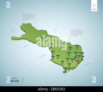 Stilisierte Karte Finnlands. Isometrische 3D-Grünkarte mit Städten, Grenzen, Hauptstadt Helsinki, Regionen. Vektorgrafiken. Editierbare Ebenen, die deutlich beschriftet sind. Stock Vektor