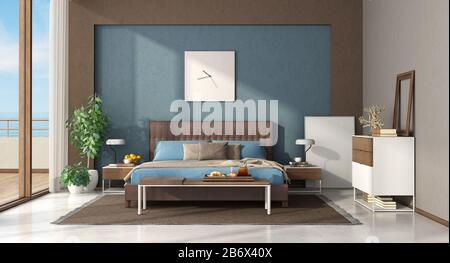 Blaues und braunes Schlafzimmer mit Lederdoppelbett, Bank und Kommode - 3D-Rendering Stockfoto