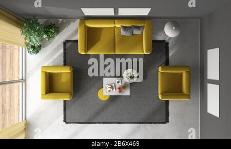 Oberteil mit schwarzem und gelbem Wohnzimmer mit Sofa, Sesseln und Couchtisch - 3D-Rendering Stockfoto