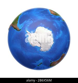 Antarktikkontinent von einem Satelliten aus gesehen. Physische Karte des Südpols. 3D-Darstellung des Planeten Erde isoliert auf weiß, mit hohem Stoßeffekt - E Stockfoto