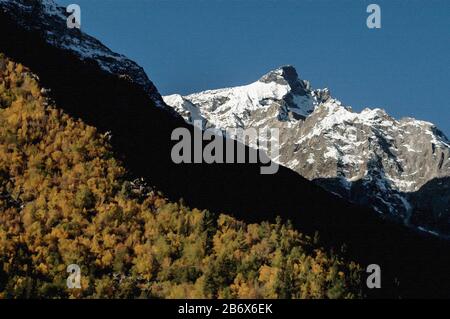 Digitale Malerei: Berge In Chitkul-0240 Digitale Malerei schneebedeckter Berggipfel in Chitkul, Kinnaur, Himachal Pradesh, Indien. Stockfoto