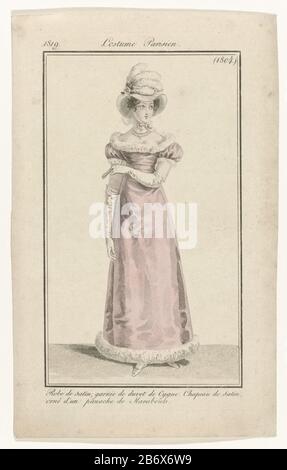 Journal des Dames et des Modes, Kostüm Parisien, 25 mars, (1804) Robe de Satin () Stande Frau, gekleidet in einem Kleid aus Satin mit Gänsedaunen. Am Kopf eines Hutsatins mit Marabou-Federpflaume verziert. Weiteres Zubehör: Halskette, lange Handschuhe, Lüfter, Schuhe. Das Bild ist Teil des Modemagazins Journal des Dames et des Modes, herausgegeben von Pierre de la Mésangère, Paris, 177-187. Hersteller : Druckmaschine: Anonymer Verleger: Pierre de la MésangèrePlaats Herstellung: Paris Datum: 181 Physische Merkmale: Enra, handfarbenes Material: Papiertechnik: Engra (Druckproce Stockfoto
