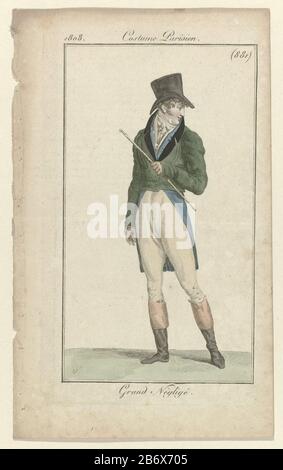 Mann, der nach links läuft und mit "Grand fahrlässee" bekleidet ist. Er trägt einen kurzen Übermantel auf einem Frak und Shorts. Hemd und Kravat. Accessoires: Hut, Handschuhe, laufen, Stiefel mit kontrastfarbigen Bündchen. Das Bild ist Teil des Modemagazins Journal des Dames et des Modes, herausgegeben von Pierre de la Mésangère, Paris, 177-187. Hersteller : Druckereihersteller: Pierre Charles Baquoy (börsennotiertes Objekt) zum Zeichnen: Carle Vernet (Listed Object), Herausgeber: Pierre de la MésangèrePlaats Herstellung: Paris Datum: 2010 Physikalische Eigenschaften: Enra, handfarbenes Material: Papiertechnik: Engraa (Druckverfahren) / Stockfoto