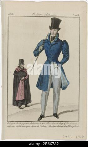 Stehender Mann, der mit einem roten Tuch bekleidet ist, das mit Seidenknoten verziert ist. Unter der Weste mit casimir-druck und Stoffhose. Kragen marokko. Mit einem Gehstock "baleine". Weiteres Zubehör: Hut, Handschuhe, Schuhe mit eckigen Zehen. Im Hintergrund ein Mann, der mit einer Stoffgarbe bekleidet ist, die mit Plüsch gefüttert ist. Das Bild ist Teil des Modemagazins Journal des Dames et des Modes, herausgegeben von Pierre de la Mésangère, Paris, 177-187. Hersteller : Druckmaschine: Anonymer Verleger: Pierre de la MésangèrePlaats Herstellung: Paris Datum: 1826 Physische Merkmale: Engra, handfarbenes Material: Papiertechnologie Stockfoto