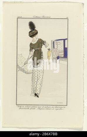 Journal des Dames et des Modes, Costumes Parisiens, 1912, Nr. 18 Veste de Velours () Frau, die zu einem Auto läuft, ein Mantel aus schwarzem und braunrotem Samtpekine 'A' Fourreau 'of Painted' Frissonnette. Samthut mit Egrett. Regenschirm mit Punkten. Die von einem schwarzen Diener in Lügner geöffnete Autotür. Drucken Sie das Modemagazin Journal des Dames et des Modes (1912-1914) aus. Hersteller: Entworfen von Fernand Siméon (denkmalgeschütztes Gebäude) Druckmaschine: Anonymous Datum: 1912 Physische Merkmale: Engra, mit Schablonen und handfarbenem Material: Papiertechnik: Enna (Druckverfahren) / Handfarbe / pochor Dimensio Stockfoto