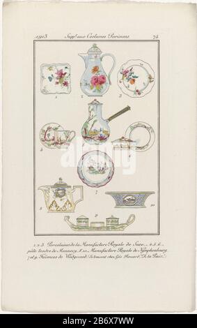 Journal des Dames et des Modes, Suppt aux Costumes Parisiens, 1913, Nr. 74 123 Porcelaines de la Manufacturur () Journal des Dames et des Modes, Suppt. AUX Costumes Parisiens, 1913, Nr. 74 1.2.3. Porcelaines de la Manufacturur (...) Objekttyp: Druckmodus Objektnummer: RP-P-2009-1766 Aufschriften / Marken: Titel, oben mittig am Rand, graviert, 'Suppt. AUX Costumes Parisiens'onderschrift, unten mittig im Rand, graviert: '1.2.3. Porcelaines de la Fertile royale de Saxe, -4.5.6.- pâte tendre the Mennecy 8.10 Fertile royale de Nymphenbourg. 7-et-9 Faiences the Wedgwood. (SE trou g Stockfoto
