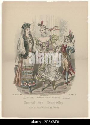 Journal des Demoiselles, 1 janvier 1894, Nr. 4971 bis Kostüm russ () zwei Frauen und zwei Kinder 'Transvestiten' oder Kostüme. Von links nach rechts. Zwei Frauen in einem russischen Kostüm und Kostüm 'Pierrette Louis XV Mädchen als Gänseblümchen gekleidet und ein Junge als "unaufreizbar" gekleidet. Drucken Sie das Mode-Magazin Journal des Demoiselles (22-1922) aus. Hersteller : Druckerhersteller P. Deferneville (unter Denkmalschutz stehendes Gebäude) im Hinblick auf: Monogrammy BC (unter Denkmalschutz stehendes Gebäude) Drucker: Falconer (unter Denkmalschutz stehendes Gebäude) Herstellung: Paris Datum: 1894 Physische Eigenschaften: Enra, handfarbenes Material: Papiertechnik: Enra (Druck Stockfoto