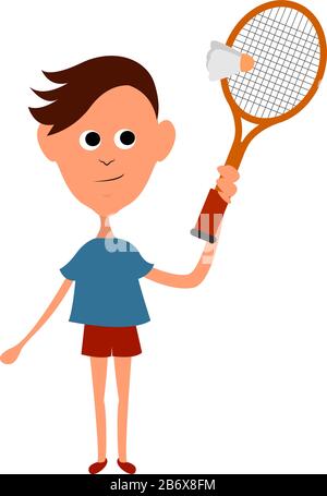 Junge, die Badminton, Illustration, Vektor auf weißem Hintergrund spielen. Stock Vektor